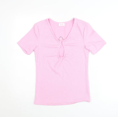 Savida Women’s Pink V-Neck Keyhole Short Sleeve Fitted T-Shirt Size 10