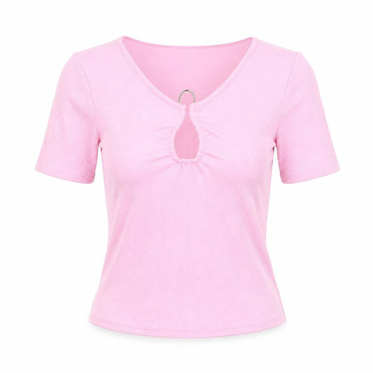 Savida Women’s Pink V-Neck Keyhole Short Sleeve Fitted T-Shirt Size 10