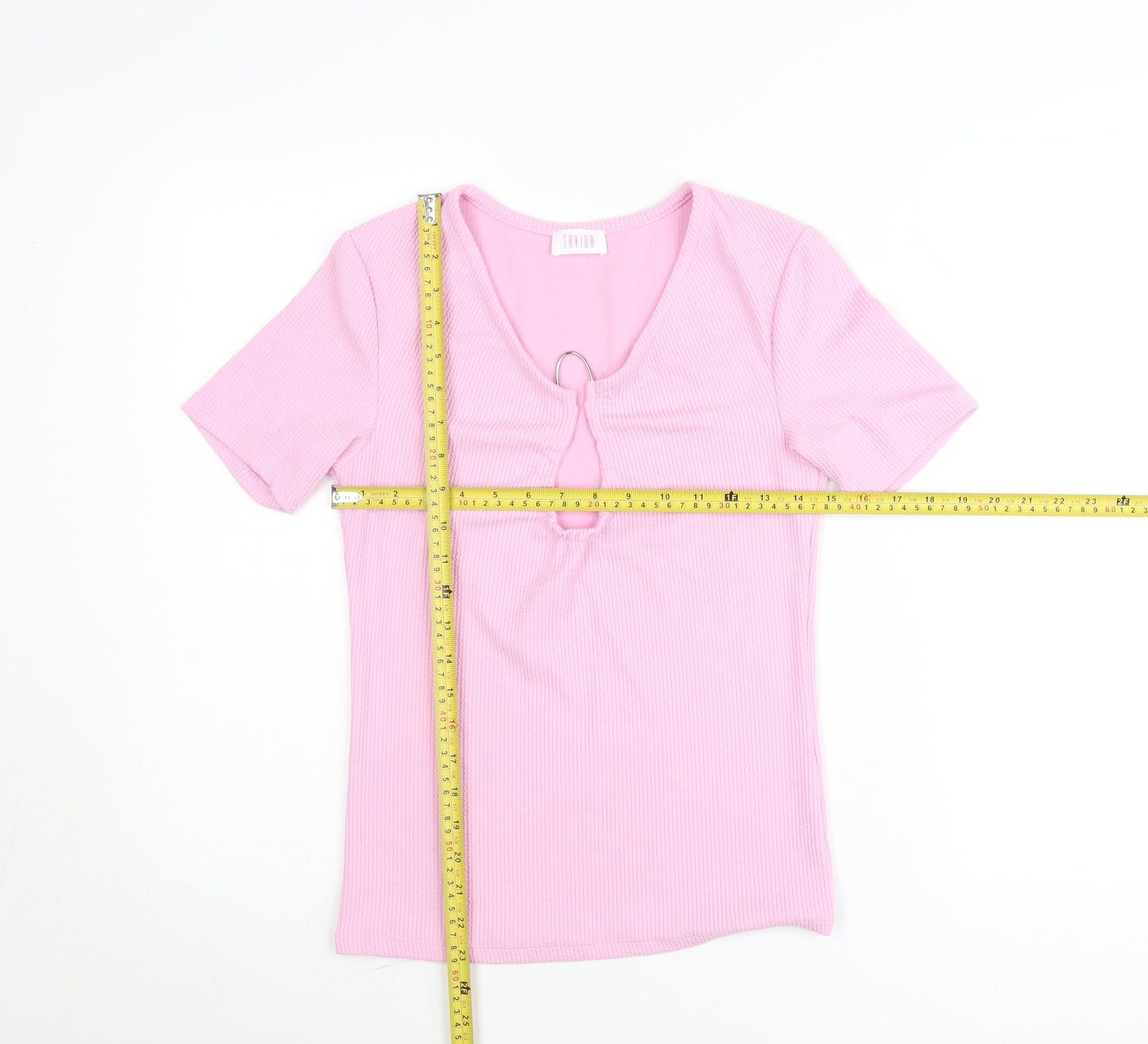 Savida Women’s Pink V-Neck Keyhole Short Sleeve Fitted T-Shirt Size 10