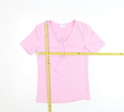 Savida Women’s Pink V-Neck Keyhole Short Sleeve Fitted T-Shirt Size 10