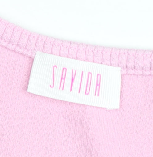 Savida Women’s Pink V-Neck Keyhole Short Sleeve Fitted T-Shirt Size 10