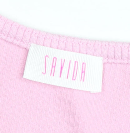 Savida Women’s Pink V-Neck Keyhole Short Sleeve Fitted T-Shirt Size 10