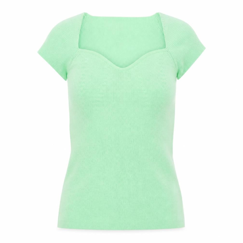Front view of Gallery women’s green knit short sleeve sweetheart neck t-shirt s