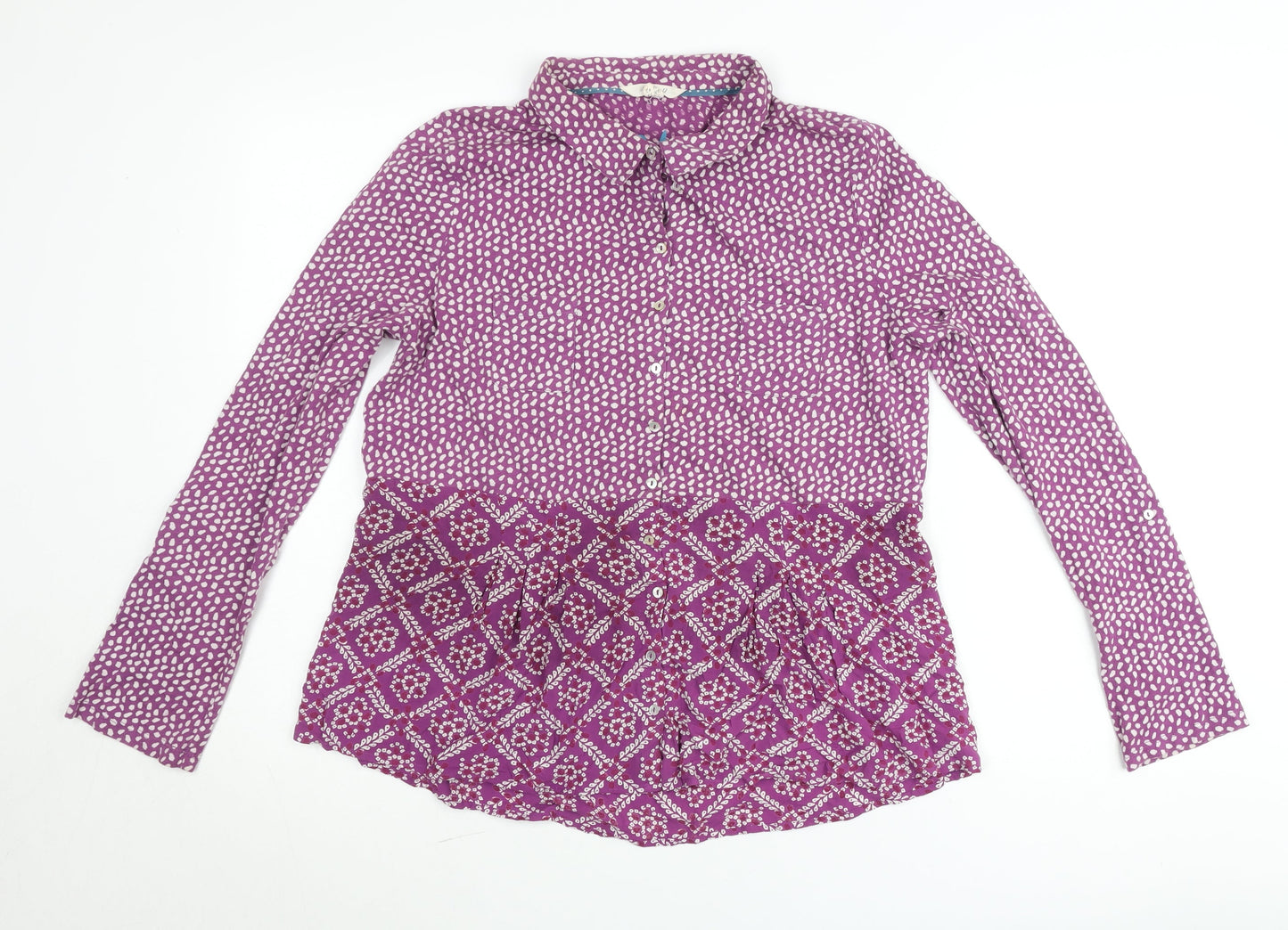 White Stuff Women's Purple Button-Up Blouse UK 14 Cotton Long Sleeve Bohemian Top