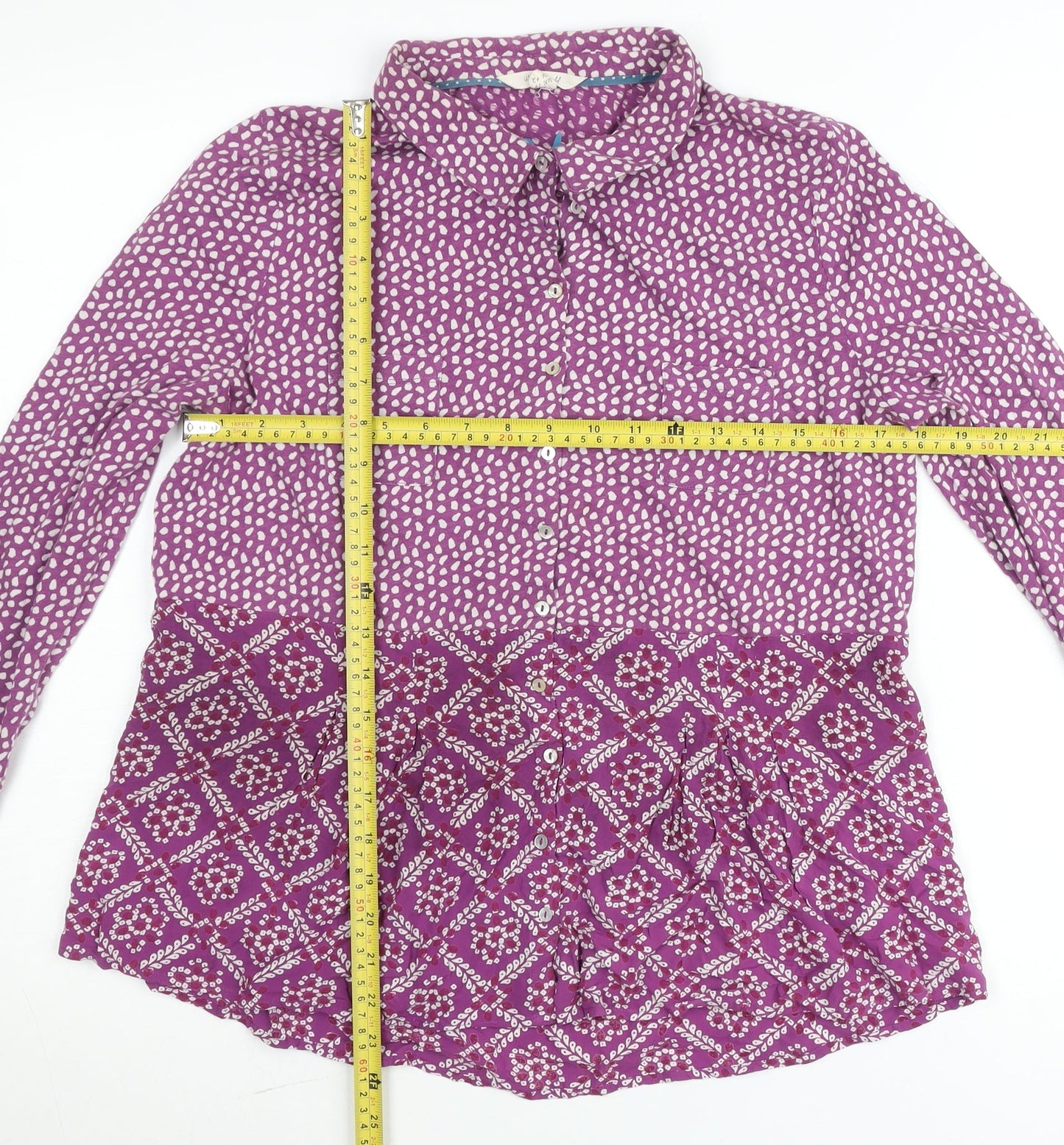 White Stuff Women's Purple Button-Up Blouse UK 14 Cotton Long Sleeve Bohemian Top