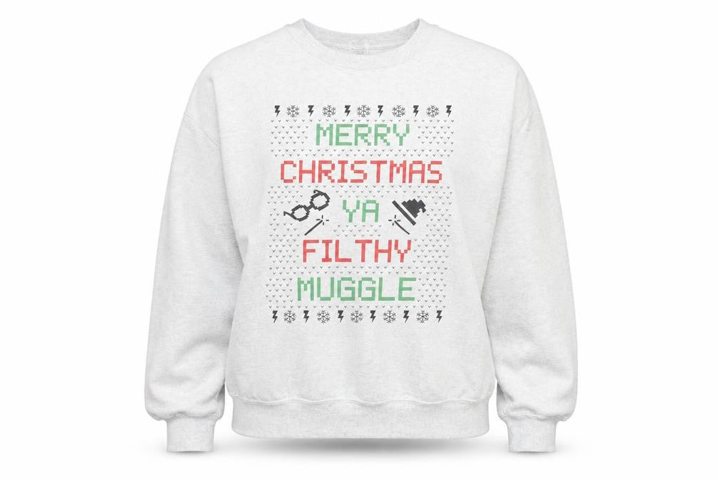 Gildan Women's Grey Christmas Sweatshirt Medium Filthy Muggle Print
