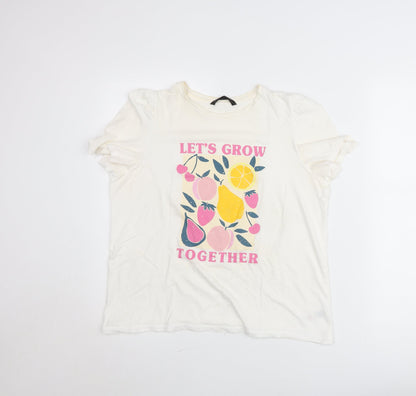 Dunnes Womens White Fruit Print Crew Neck Cotton T-Shirt Size 12