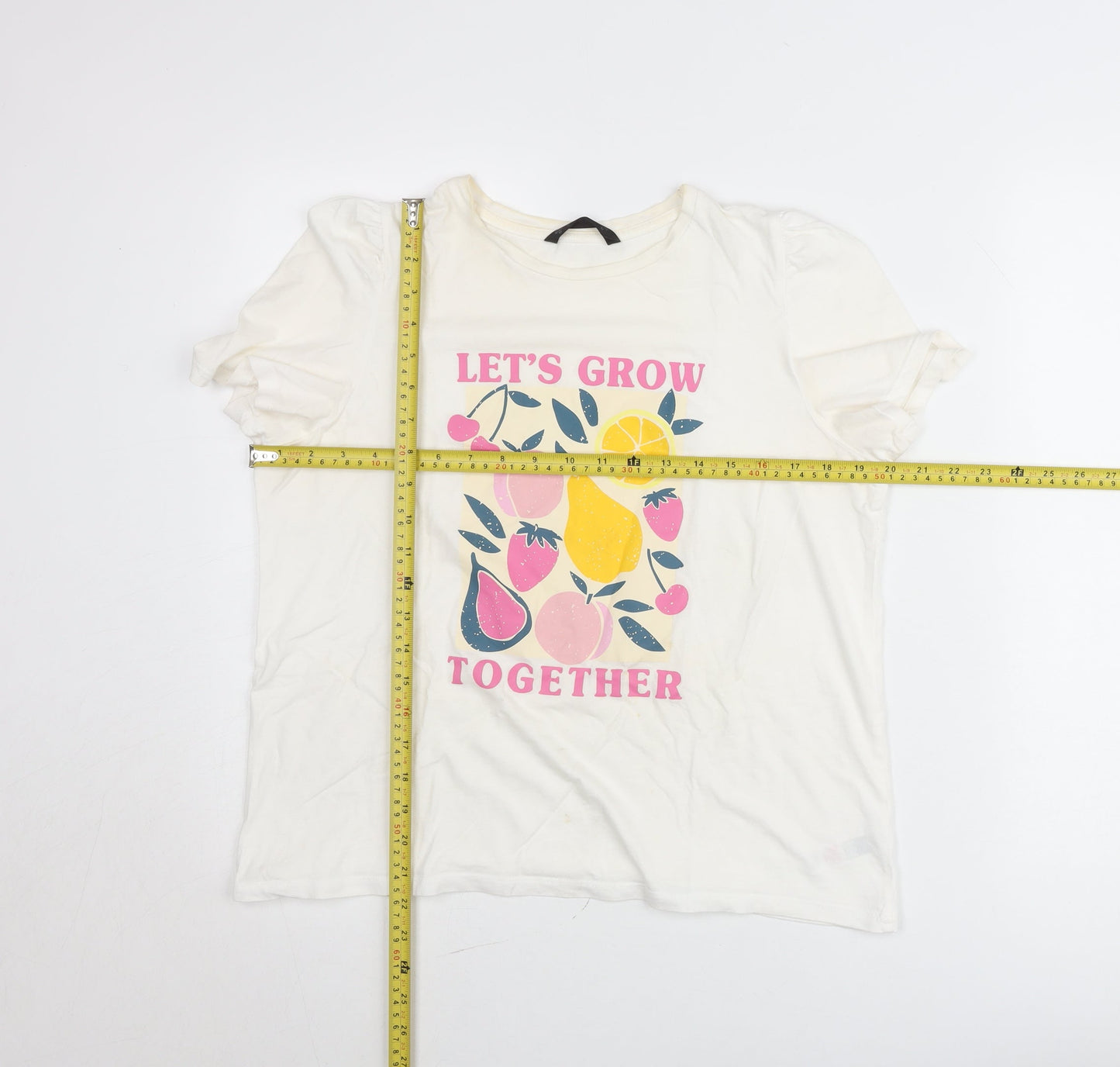 Dunnes Womens White Fruit Print Crew Neck Cotton T-Shirt Size 12
