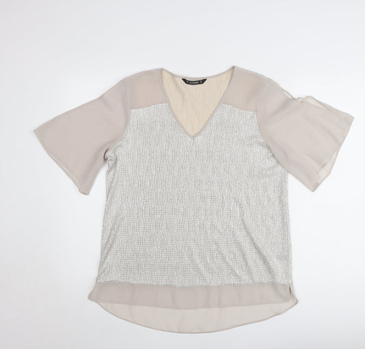 Dunnes Women Beige V-Neck Short Sleeve Chiffon Blouse Size 12