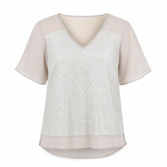 Dunnes Women Beige V-Neck Short Sleeve Chiffon Blouse Size 12