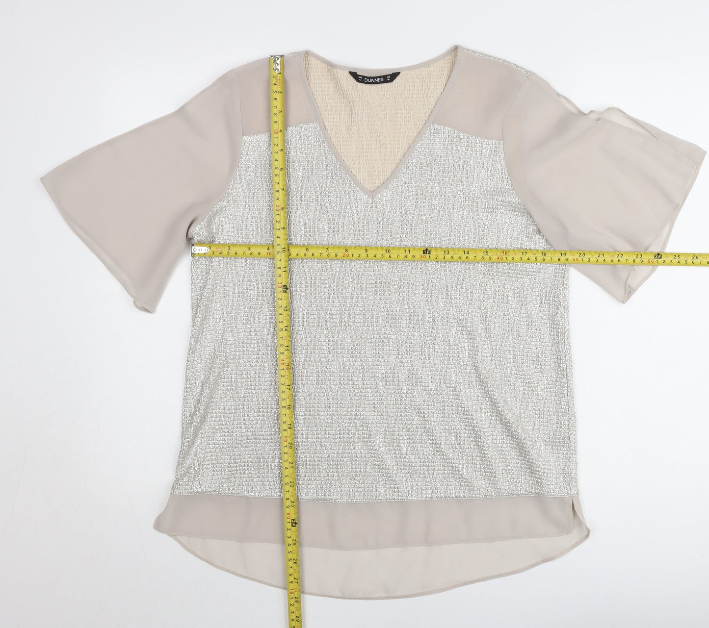 Dunnes Women Beige V-Neck Short Sleeve Chiffon Blouse Size 12