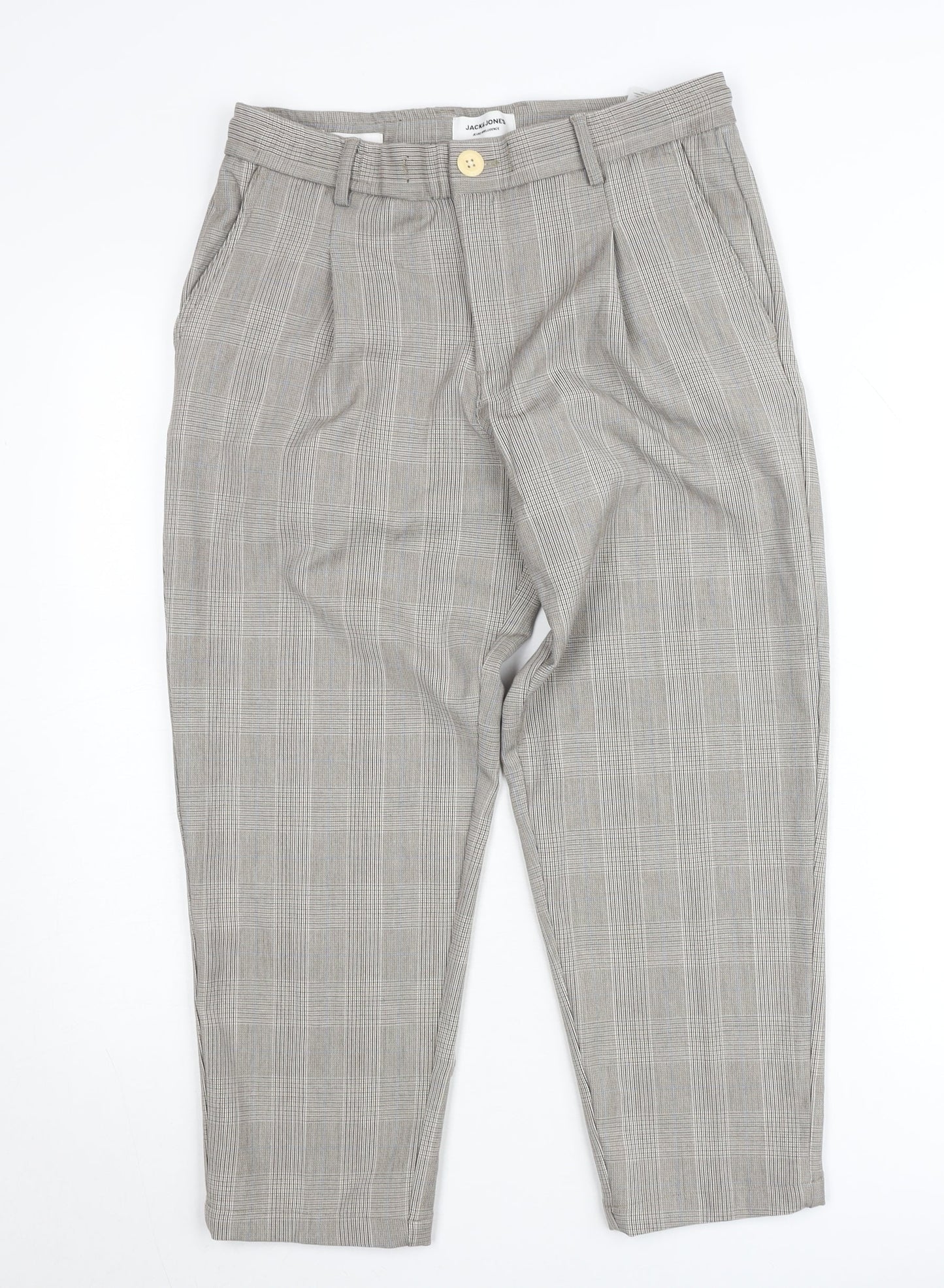 Jack & Jones Men’s Grey Check Chino Trousers Size M Regular Fit