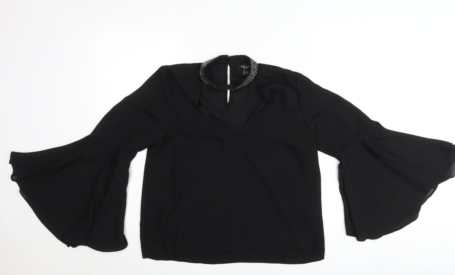 New Look Petite Black Beaded High Neck Bell Sleeve Blouse UK 12