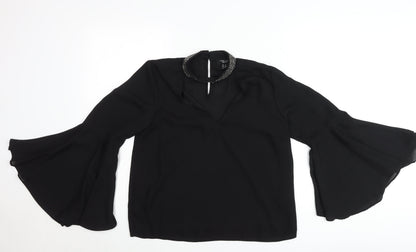New Look Petite Black Beaded High Neck Bell Sleeve Blouse UK 12