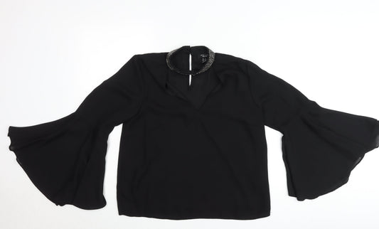 New Look Petite Black Beaded High Neck Bell Sleeve Blouse UK 12
