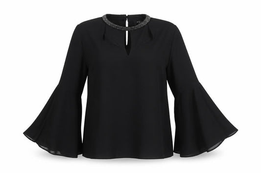 New Look Petite Black Beaded High Neck Bell Sleeve Blouse UK 12