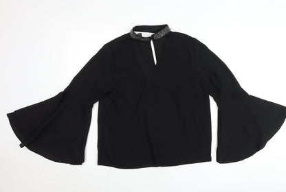 New Look Petite Black Beaded High Neck Bell Sleeve Blouse UK 12