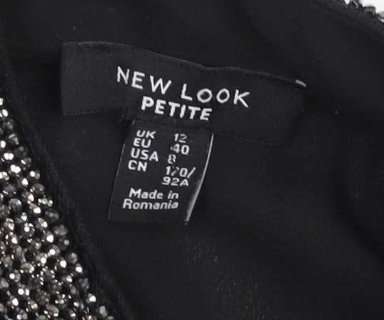 New Look Petite Black Beaded High Neck Bell Sleeve Blouse UK 12