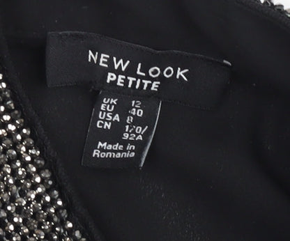 New Look Petite Black Beaded High Neck Bell Sleeve Blouse UK 12