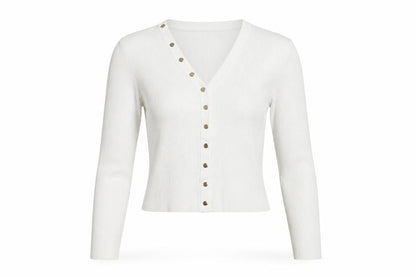Zara Women White Ribbed Button-Up Cropped Knit Top Size L
