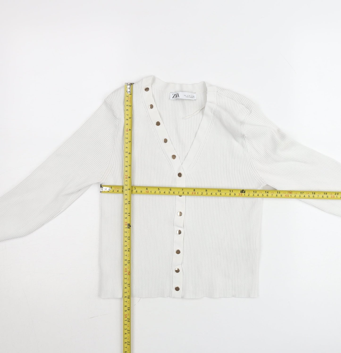Zara Women White Ribbed Button-Up Cropped Knit Top Size L