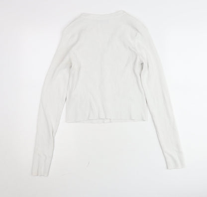 Zara Women White Ribbed Button-Up Cropped Knit Top Size L