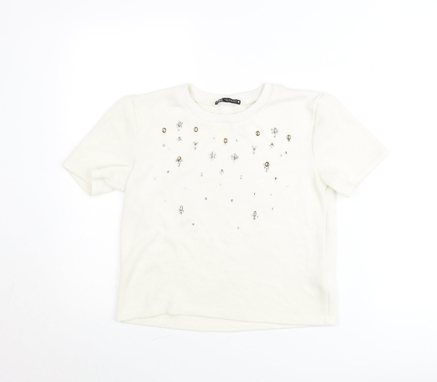 Zara Women Ivory Embellished Short Sleeve Cotton T-Shirt Size 12