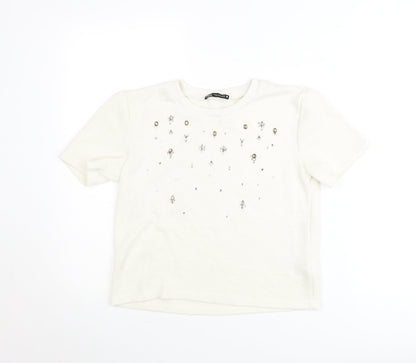 Zara Women Ivory Embellished Short Sleeve Cotton T-Shirt Size 12