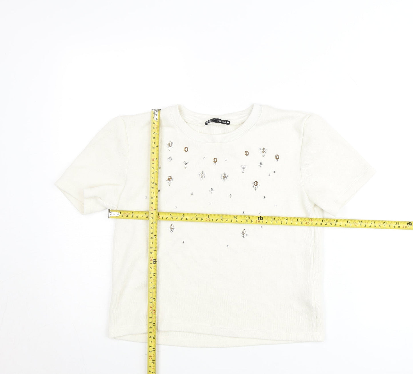 Zara Women Ivory Embellished Short Sleeve Cotton T-Shirt Size 12