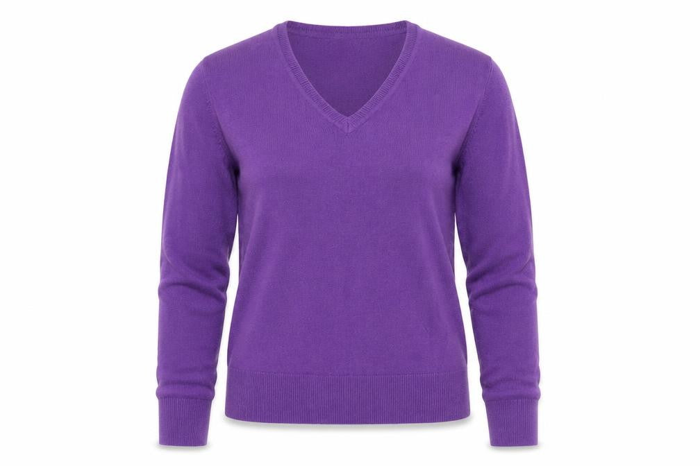 Front view of Dunnes Women's Purple V-Neck Cotton Jumper, size S