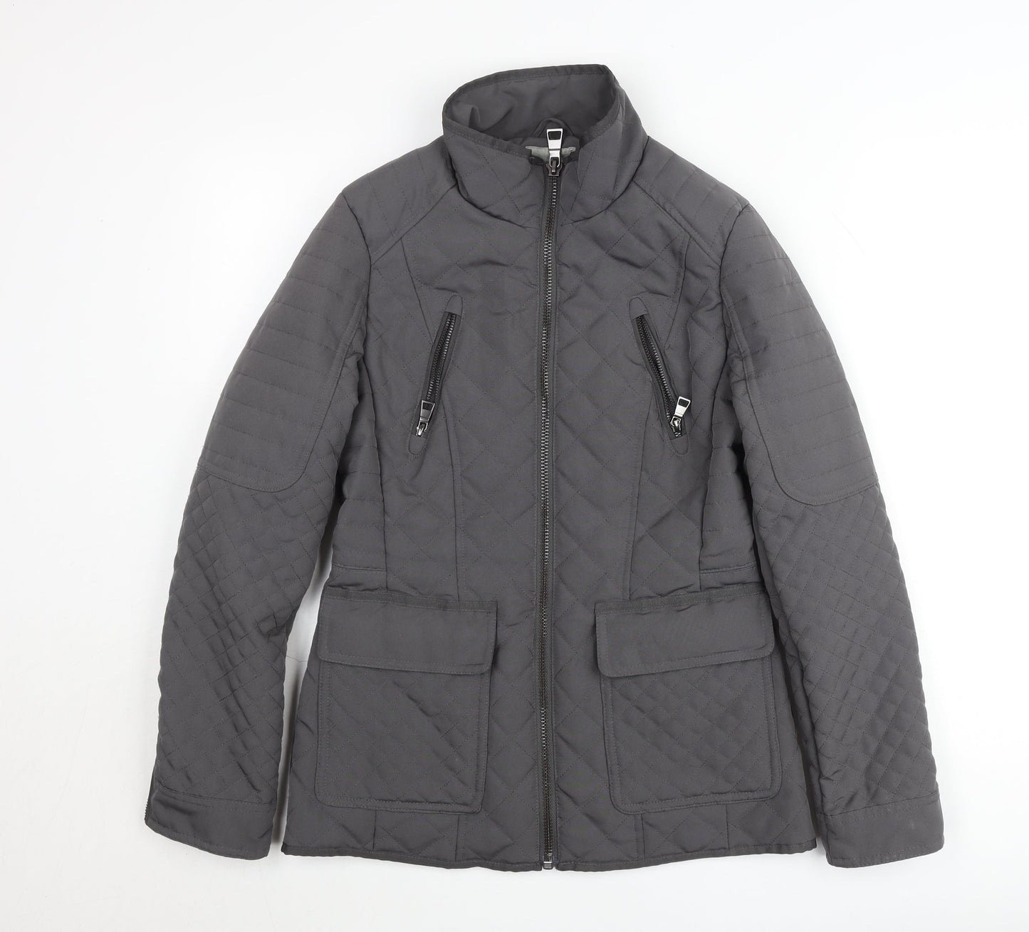 Next Women’s Grey Quilted Mid-Length Jacket Size 8 Lined Zip Casual
