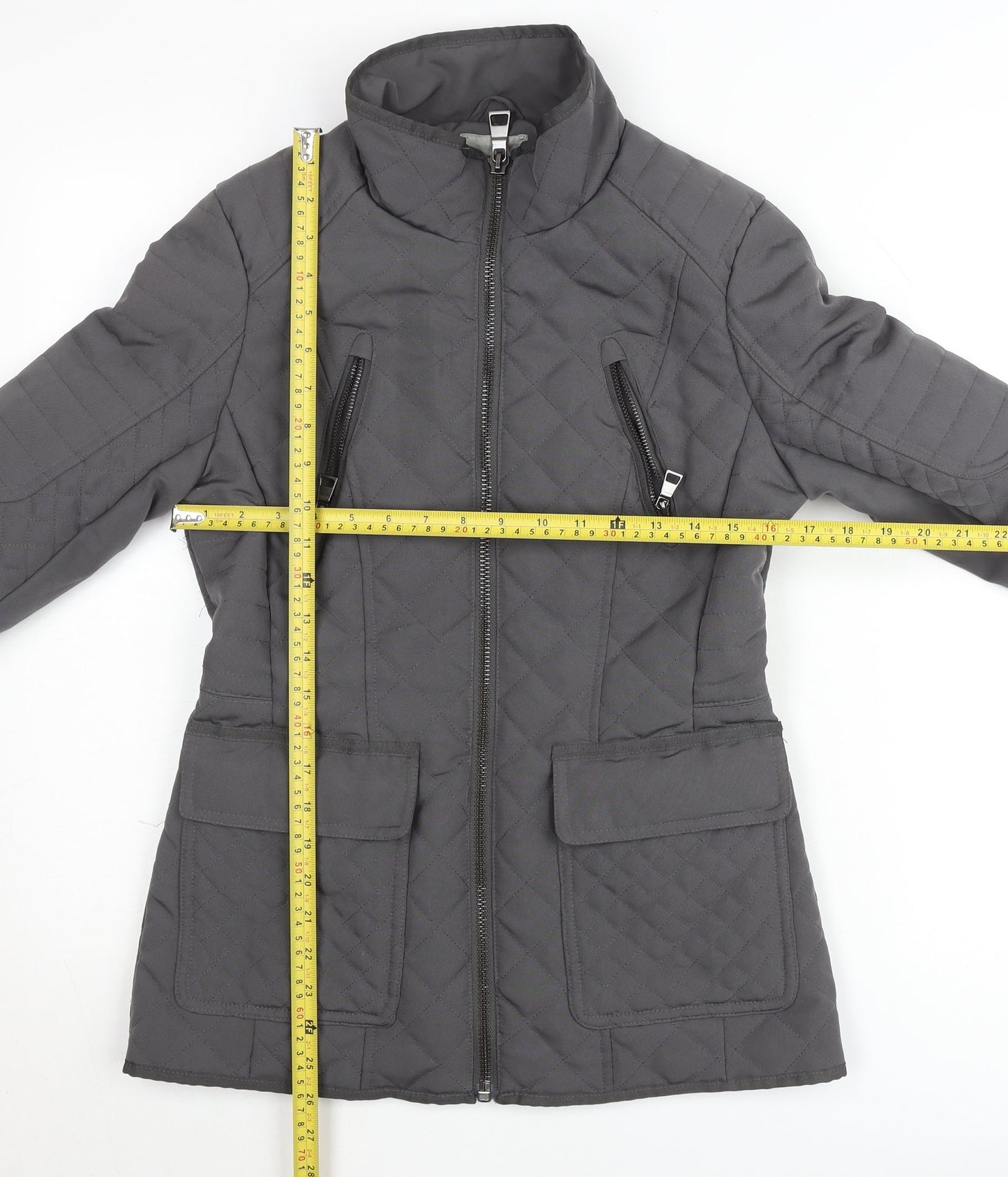 Next Women’s Grey Quilted Mid-Length Jacket Size 8 Lined Zip Casual