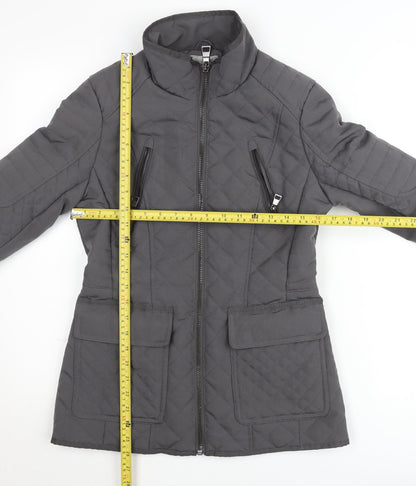 Next Women’s Grey Quilted Mid-Length Jacket Size 8 Lined Zip Casual