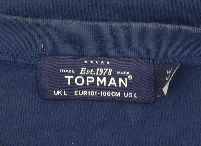 Topman Men's Blue Graphic Print Cotton Crew Neck T-Shirt Size L