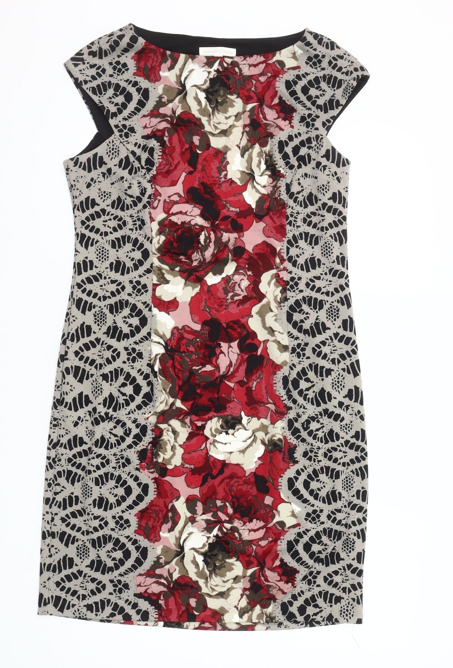 London Times Women's Red Floral Sheath Dress Size 16 Elegant Knee Length