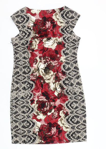 London Times Women's Red Floral Sheath Dress Size 16 Elegant Knee Length