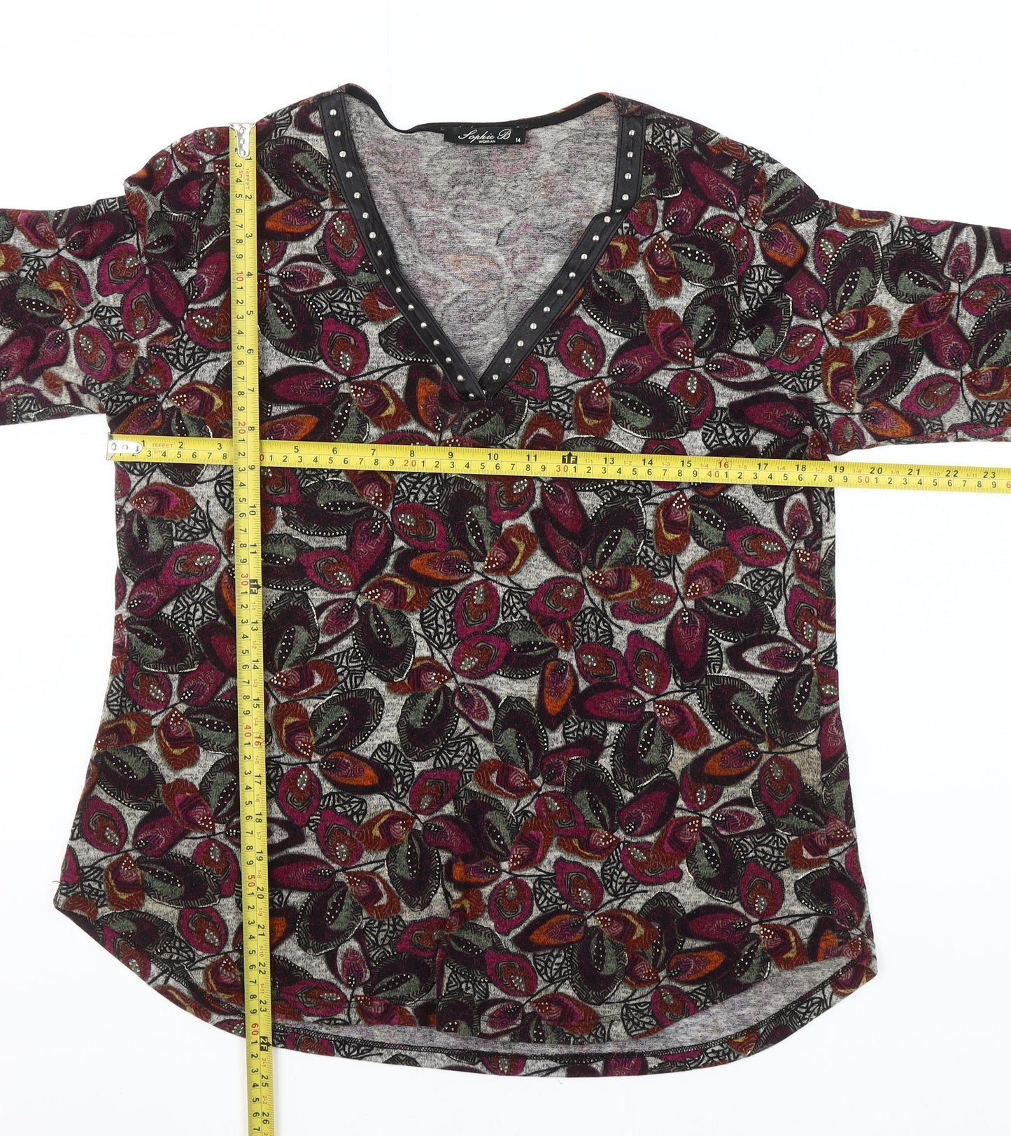 Sophie B Women Multicoloured Floral Studded V-Neck Tunic Blouse Size 14