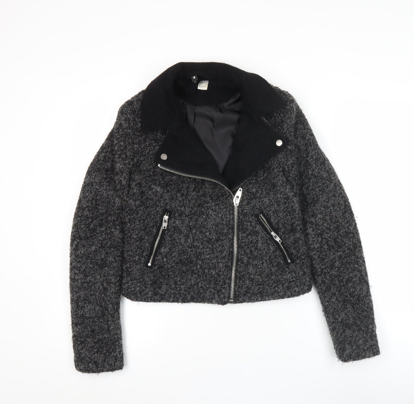H&M Divided Women's Grey Wool Biker Jacket Size 8 Cropped Zip Style