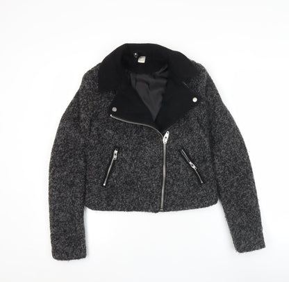 H&M Divided Women's Grey Wool Biker Jacket Size 8 Cropped Zip Style