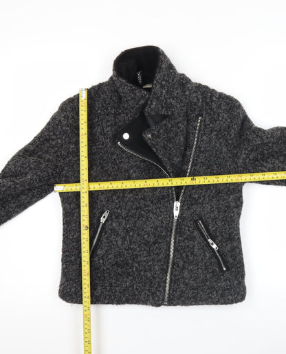H&M Divided Women's Grey Wool Biker Jacket Size 8 Cropped Zip Style