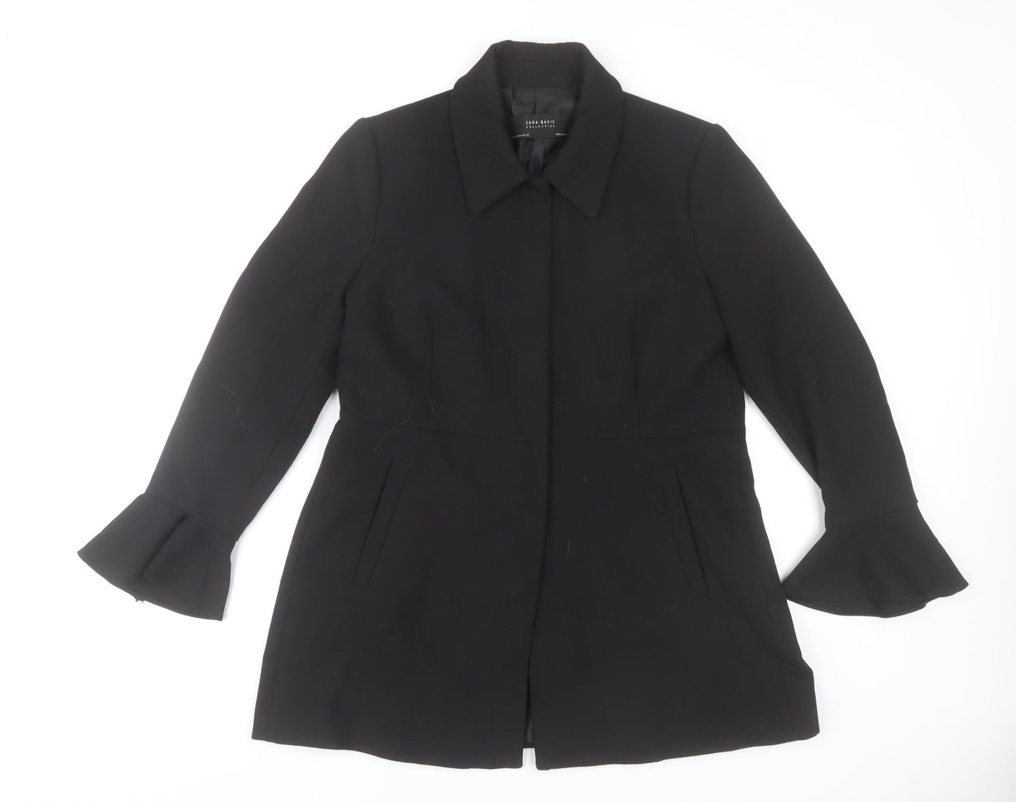 Zara Basic Women’s Black Ruffle Sleeve Mid-Length Coat Size 16