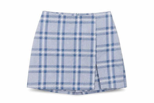 Misi & Co Women's Blue Plaid Wrap Skort Petites Cotton Blend