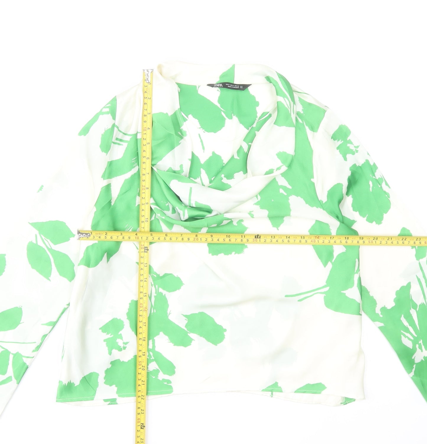 Zara Womens Green Floral Cowl Neck Long Sleeve Blouse Size S