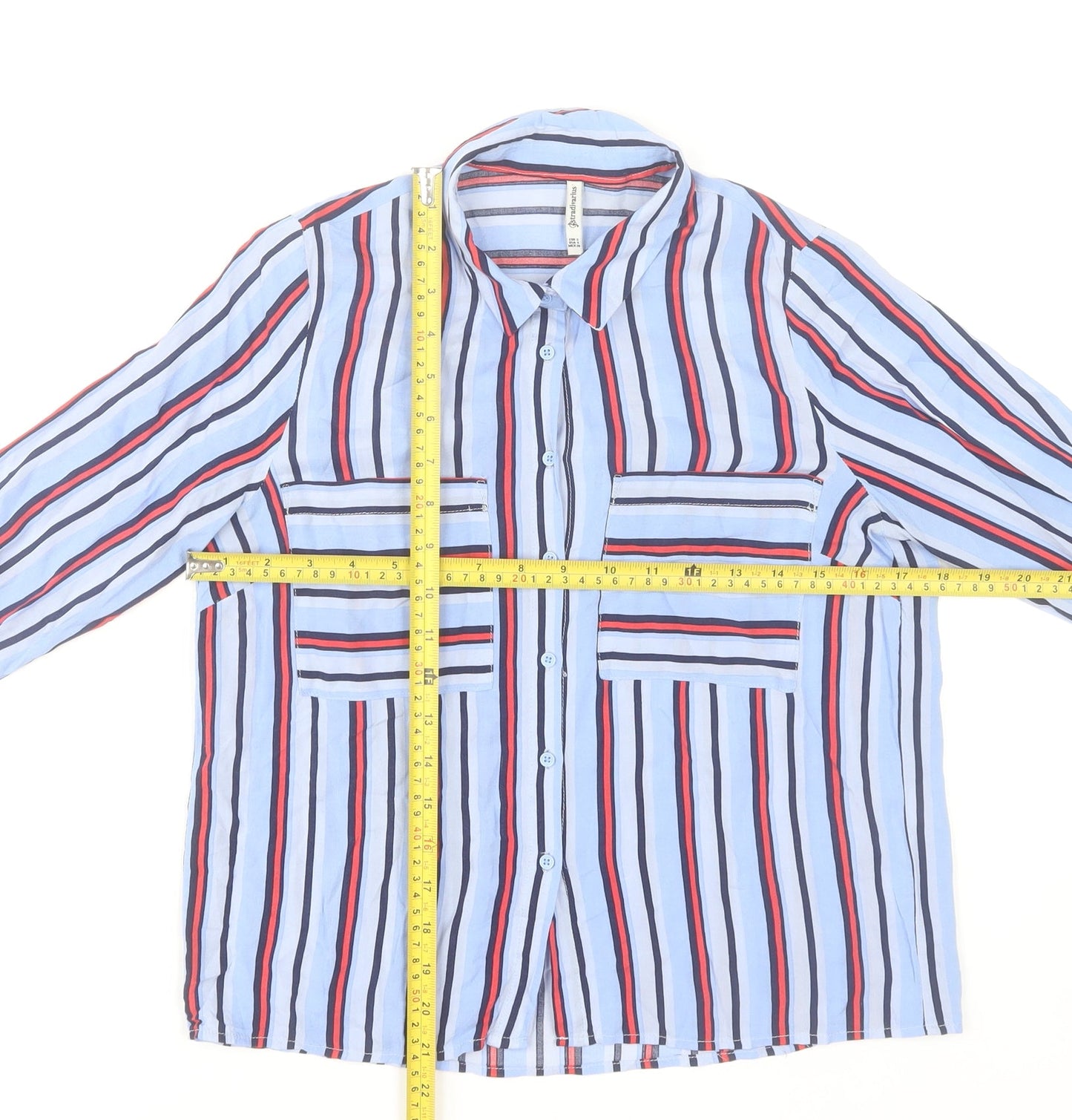 Stradivarius Women's Blue Striped Button-Up Shirt Size 8
