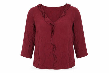 Monsoon Women Red 3/4 Sleeve Ruffle V-Neck Tunic Blouse Size 8