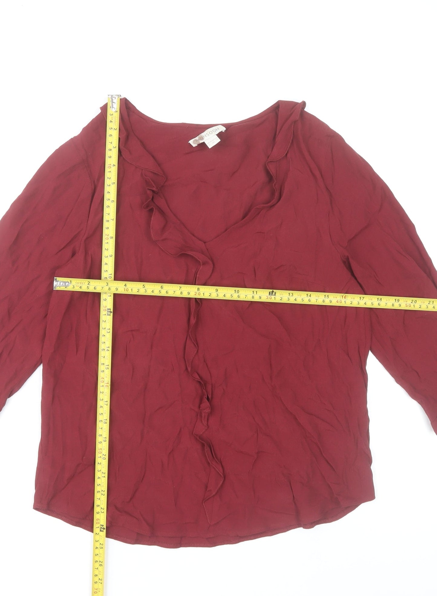 Monsoon Women Red 3/4 Sleeve Ruffle V-Neck Tunic Blouse Size 8