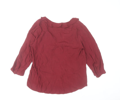 Monsoon Women Red 3/4 Sleeve Ruffle V-Neck Tunic Blouse Size 8