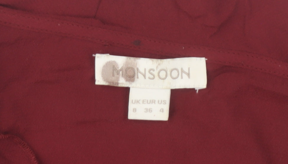 Monsoon Women Red 3/4 Sleeve Ruffle V-Neck Tunic Blouse Size 8