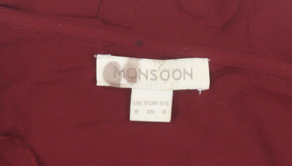 Monsoon Women Red 3/4 Sleeve Ruffle V-Neck Tunic Blouse Size 8