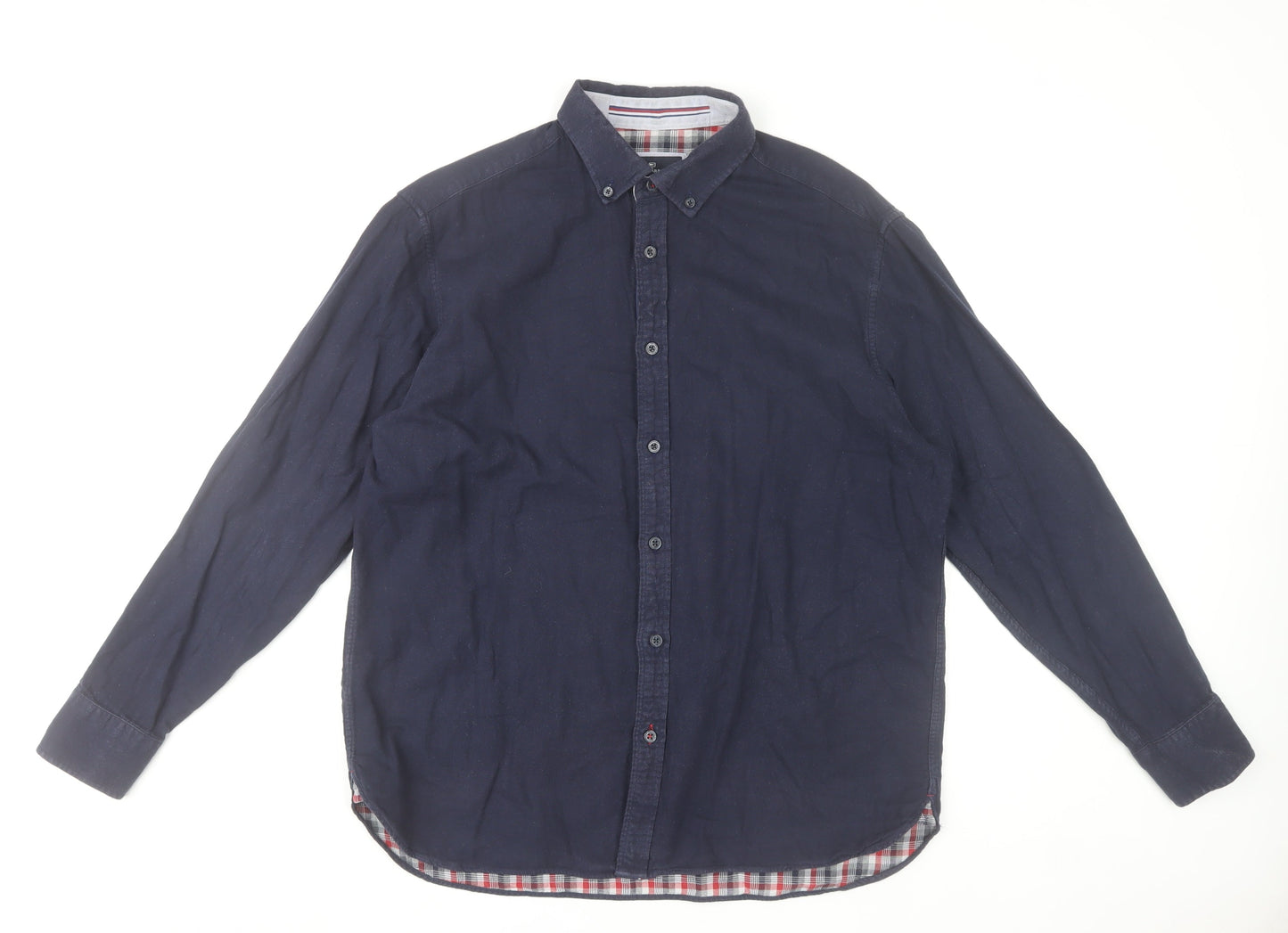 Marks and Spencer Men's Blue Button-Down Long Sleeve Cotton Shirt - L Regular Fit